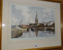 EDWARD WESSON coloured print - riverscene with buildings in background, signed in pencil