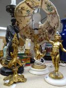 A gilded cherub mounted table lamp base & shade, a cherub ornament on a marble base, a small gilt