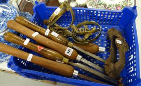 Various wooden turned handled wood carving tools, an antique heavy cast iron door knocker ETC