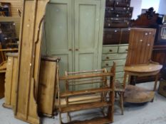 A parcel of pine furniture including continental bed with sides & ends, demi-lune wash stand, corner