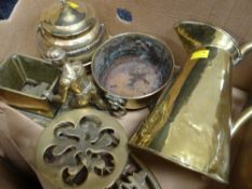 Box of brass items including jug, trivet, planter, biscuit barrel ETC Condition reports provided