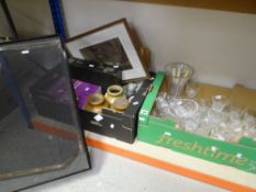 A box of glassware, a box of stoneware pottery and Wedgwood ETC & two fire guards (proceeds to Wales