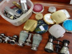 Plastic container of compacts, three sets of opera glasses ETC and a container of pen knives