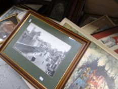 A large quantity of mixed pictures including mid-century semi-abstract town scene print plus
