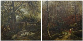 WILLIAM MELLOR oil on canvas, a pair - flower picking lady in woodland and grazing sheep by gate, 28