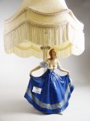 A vintage Royal Dux Art Deco porcelain figurine table lamp and shade, the base signed Elly