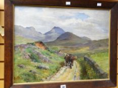 SCOTTISH NINETEENTH CENTURY oil on canvas - peat gatherer and horse on mountain track, entitled '