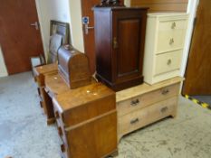 A pine two-door wash stand, a mahogany night cabinet, a small white chest of three short drawers,