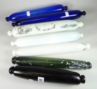 Seven coloured glass sailor's rolling pins including an example with painted scenes (worn) Condition