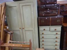 A lime green painted double wardrobe and pine chest of five long & two short drawers Condition