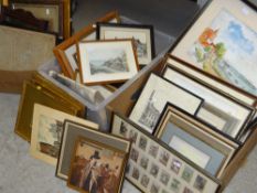 Three boxes of framed pictures & prints including framed 1774 religious needlework sampler (