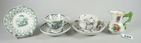 A parcel of Welsh pottery including Swansea transfer trio, small twig-handled Swansea pouch jug,