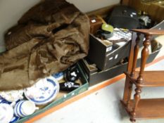 A box of camera equipment, a fur coat, a box of china including blue & white nineteenth century