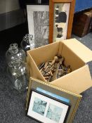 Quantity of vintage tools, three glass demi-johns and sundry pictures Condition reports provided