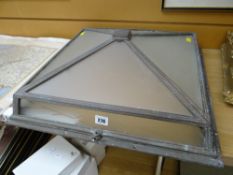 An Art Deco metal and glass ceiling lamp shade of square based form, 53 x 53cms Condition reports