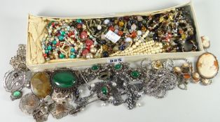 Parcel of costume jewellery including bag of cameo brooches, mixed brooches, beads ETC Condition