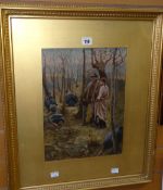 NINETEENTH CENTURY CONTINENTAL SCHOOL believed oil on paper - two farming figures with black turkeys