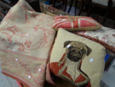 A Laura Ashley Malmaison rug pink floral throw and sundry cushions Condition reports provided on