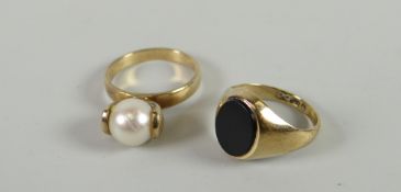 Small 9ct yellow gold signet ring and a similar with pearl setting Condition reports provided on