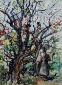 WILL EVANS watercolour - garden scene with blossoming tree and figure of a lady, 50 x 37cms (