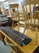 A modern pine farmhouse dining table, 153 x 90cms and 3+2 pine farmhouse chairs Condition reports