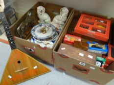 Two boxes of assorted china to include Staffordshire spaniels, balalaika, horse doorstop, meat