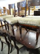 Antique mahogany dining table on three legged supports together with six chairs, 175 x 105cms