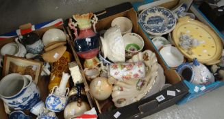 Four boxes of mixed pottery and china including good nineteenth century blue & white jug (damage)