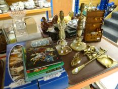A parcel of brass ornaments, a miniature Welsh dresser, pair of table lamps, dolls and children's