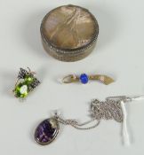 Silver sterling and bejewelled circular ring box with machine turned body and butterfly-wing lid