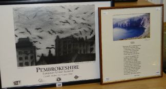A framed handwritten Welsh poem entitled 'Pwll Deri' by Dewi Emrys, framed with a photograph of Pwll