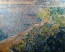 EMRYS PARRY pastel on brown paper - North Wales coastal scene, entitled verso 'Nefyn Cliff Walk',