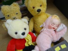 Five assorted teddy bears and a musical doll Condition reports provided on request by email for this