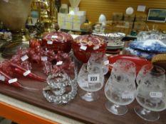 A tray of glass including dismantled cranberry glass epergne and six etched brandy glasses ETC