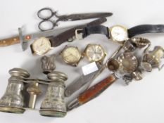 Bag of assorted collectables to include opera glasses, various gent's wristwatches including Vertex,