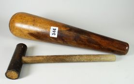 A probably lignum treen sailmaker's fid 37cms long, together with a sailmaker's hammer with wooden