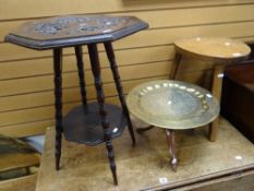 A simple rustic joined oak stool, a brass Benares tea table on a folding naturalistic base and a