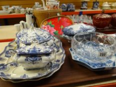 A parcel of blue and white dinnerware and blue and white shaped Chinoiserie dish and cut glass