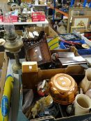 Two boxes of mixed items including copper bowl, saddler jug, shell boats, miniature corner, brass