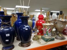A good collection of various table lamps including four blue pottery examples (9) Condition reports