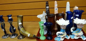 Five marble miniature ornamental obelisks, a pair of Pitcairn Islands treen souvenir vases and