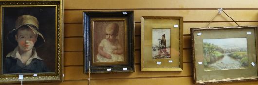 EARLY TWENTIETH CENTURY oil on canvas - portrait of a young boy in sailor's hat together with an oil