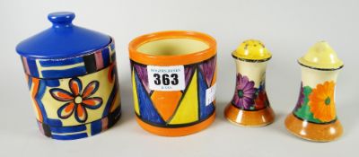 Four items of Clarice Cliff Bizarre range including a Gayday pattern salt & pepper, a geometric