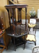 Two similar vintage octagonal occasional tables and a small vintage spindle back upholstered chair
