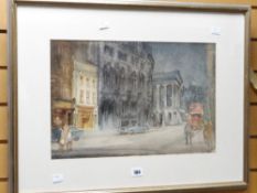 IRENE WELBURN (1910-2000) watercolour - Birmingham street scene, circa 1960s, with vintage cars,