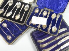 Group of assorted cased cutlery to include silver teaspoons, coffee spoons and butter knives (4)