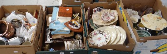 Four boxes of mixed china and other items including Celtic Harvest pattern Clarice Cliff cake stand,