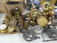 Collection of various metalware including pewter, brassware, military shell cases, lantern clock ETC