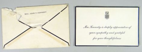 A presidential mourning card from Jacqueline Kennedy with envelope addressed to Mr Jeremy Tindall,