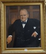 MONOGRAMMED oil on board - half portrait of Sir Winston Churchill wearing suit, bow-tie and watch-